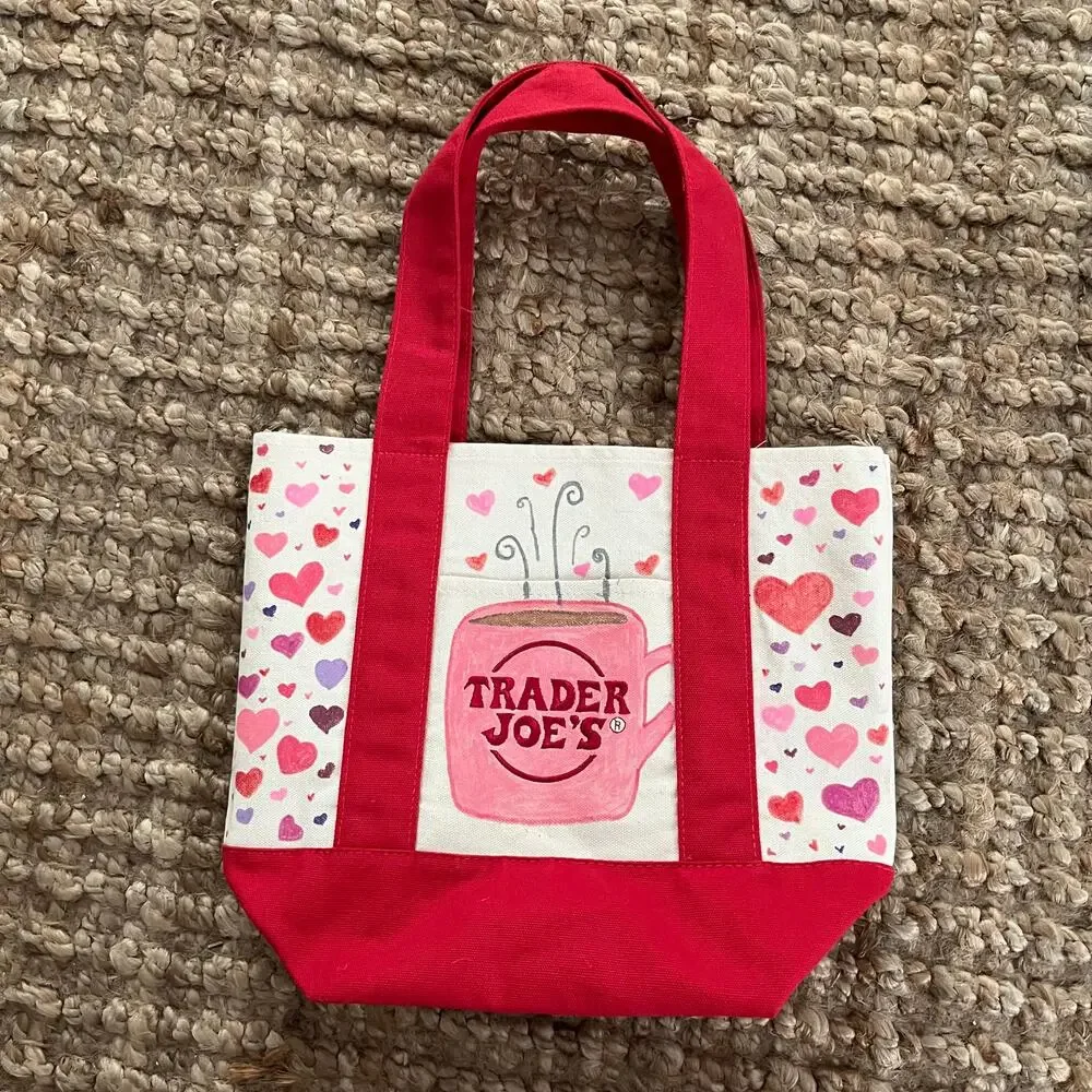 Trader Joe's Mini Canvas Tote Hand Painted Strawberry Coffee Mug Hearts Custom